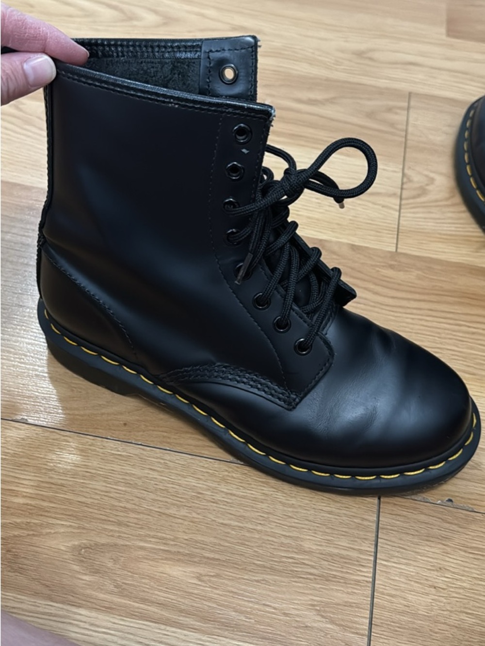 Dr. Martens Black Leather 8-Eye Lace-Up Boots with Yellow Stitching - Picture 4 of 5